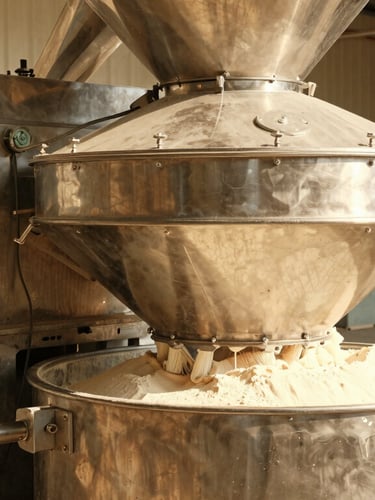 Warm industrial photography of a modern high-capacity stainless steel flour milling machine, bright natural daylight, sharp focus, high detail, 35mm