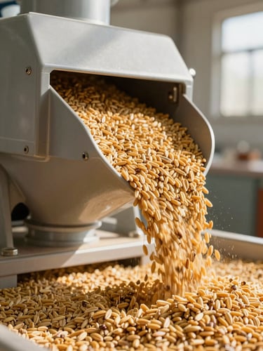 Macro photograph of clean, modern industrial flour milling machinery with golden grains flowing, bright natural daylight, warm industrial photography, 35mm