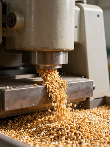 Industrial milling machinery with golden grains flowing, bright natural daylight, sharp focus, 35mm