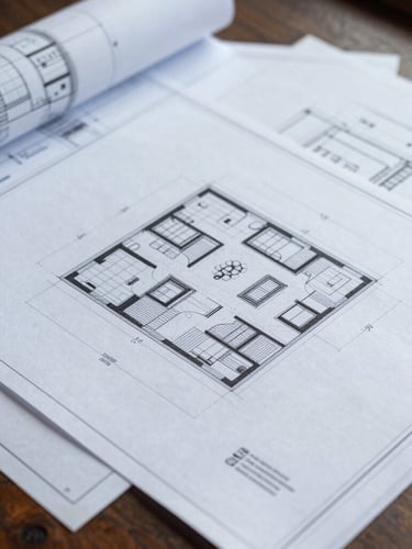 Close-up of architectural blueprints overlaid with clean legal documents on a dark wooden desk, sharp natural daylight, desaturated blue and concrete gray tones, 50mm lens