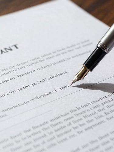 Macro shot of a fountain pen signing a structured construction contract on a dark wooden table, architectural blueprints visible underneath, sharp daylight, desaturated tones