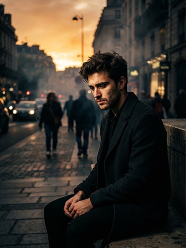 Retrato de um jovem pensativo com luz dramática de rua ao pôr do sol, fumaça suave ao fundo, composição descentralizada, alto contraste.
