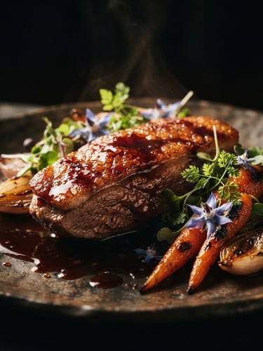 Close-up macro de um prato de alta gastronomia, foco em textura de molho e guarnição, iluminação dramática de contra-campo com fumaça sutil, tons quentes e profundos, fundo escuro desfocado, estilo editorial.
