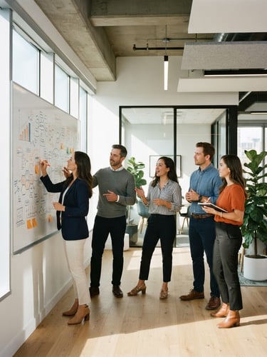 Wide shot of a modern, bright collaborative workspace, team members brainstorming around a whiteboard with strategic diagrams, natural window light, crisp shadows, corporate navy and warm orange tones, 35mm