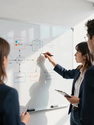 Focused professionals collaborating around a whiteboard with strategic diagrams, natural window light, crisp shadows, candid over-the-shoulder perspective.