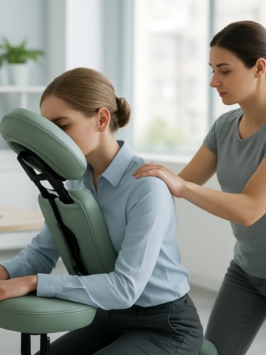 massage Amma Assis , une cliente est sur la chaise et l'on voit le praticien