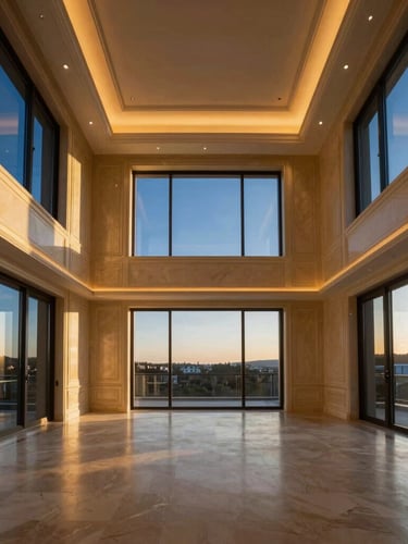 Portrait architectural shot of a luxurious, empty residential interior with high ceilings and large windows, warm interior lighting, deep blue and warm gold tones, wide-angle, 35mm