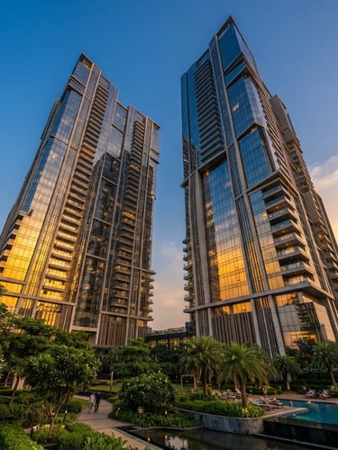 Wide-angle architectural exterior shot of DLF Arbour high-rise towers, golden hour sunlight reflecting off glass facades, lush green landscaping at the base, low angle to emphasize scale.