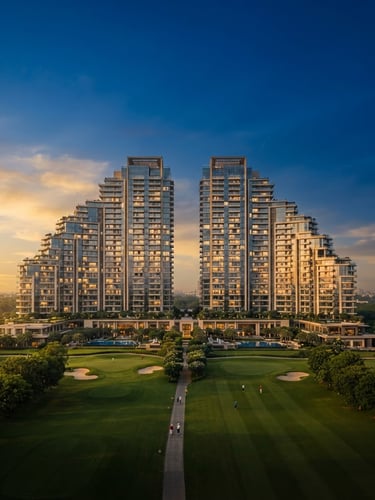 Wide panoramic architectural shot of DLF Camellias facade, modern high-rise, golden hour sunlight, deep blue and warm gold tones, wide-angle, 35mm, golf course visible in background, symmetrical composition