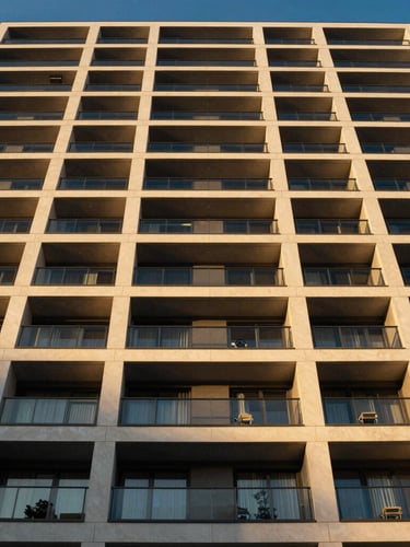 Low-angle architectural shot of a modern apartment building facade with balconies, deep shadows, golden hour light, symmetrical composition.