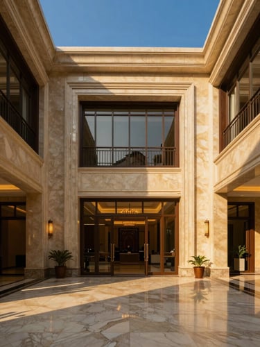 Symmetrical architectural shot of a luxury residential lobby in Gurgaon, warm high-end lighting, marble floors, deep shadows, premium interior