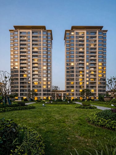 Lush, manicured green zone within a modern high-rise residential complex, warm interior lighting visible from ground-level windows, symmetrical composition, wide-angle.