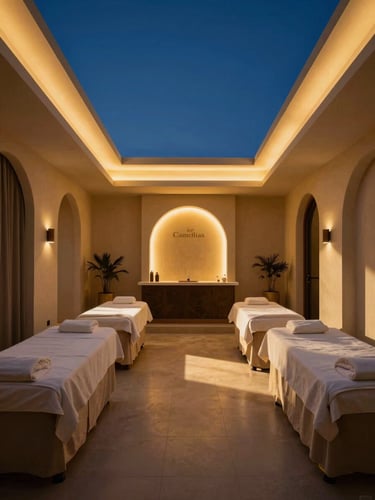 Interior shot of a luxurious, empty private spa at DLF Camellias, warm high-end lighting with deep shadows, deep blue and warm gold tones, symmetrical composition, 35mm