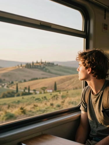 Candid medium shot of a traveler looking out of a train window in Tuscany, warm golden-hour natural light, rich organic tones, 35mm film style