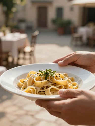 Intimate medium close-up of local dining in a sunlit courtyard, hands sharing a plate of fresh pasta, warm natural morning light, shallow depth of field