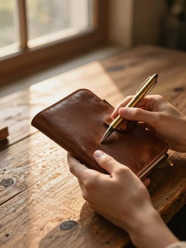Warm editorial travel photography, close-up of hands holding a leather travel journal and brass pen on a rustic wooden table, soft golden hour light filtering through a window.