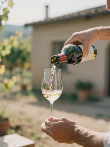 Intimate medium close-up of a local artisan pouring wine in a rustic Italian courtyard, warm natural morning light, shallow depth of field, 35mm film look