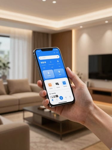 A modern Middle Eastern living room with warm ambient smart lighting, a hand holding a smartphone displaying a smart home app, clean minimalist decor, high-end photography