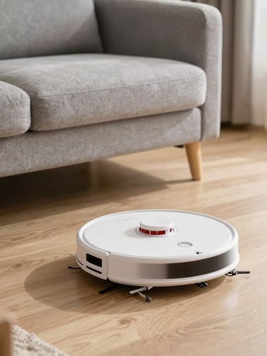 A sleek robot vacuum cleaner navigating a cozy living room floor near a gray fabric sofa, warm ambient light, sharp focus on the device.