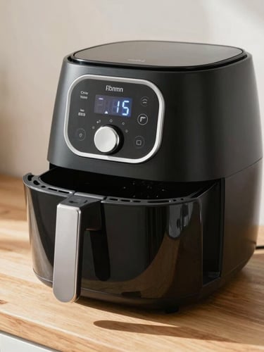Close-up of a modern airfryer on a clean wooden kitchen counter, natural morning light casting soft shadows, focus on the digital interface.