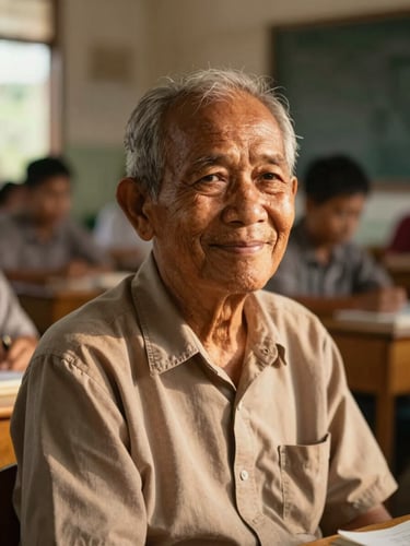 Warm portrait of an elderly Indonesian teacher smiling gently in a sunlit classroom, soft golden-hour light, shallow depth of field, respectful atmosphere.