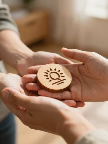 A close-up of two hands warmly holding a wooden token of appreciation, soft golden-hour indoor lighting, shallow depth of field, respectful gesture