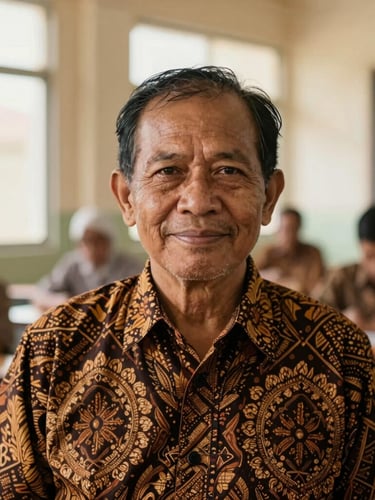 A warm, respectful portrait of an elderly Indonesian teacher in a batik uniform smiling gently, soft natural window light, classroom background out of focus, editorial photography.