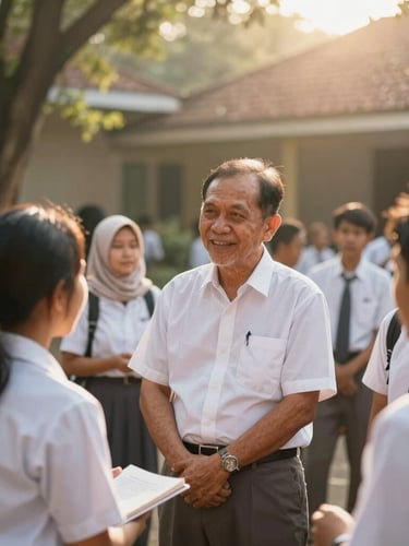 A warm medium shot of Indonesian high school alumni and senior teachers talking respectfully in a sunlit courtyard, soft golden-hour light, authentic human connection