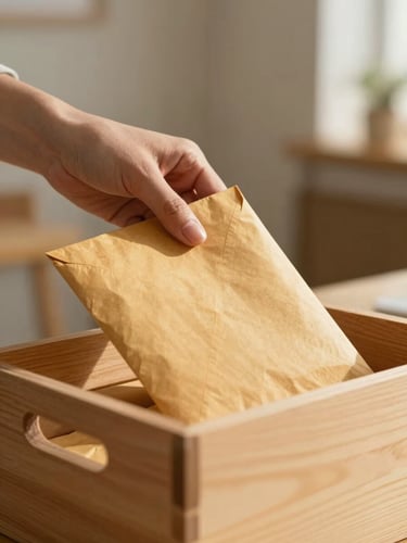 Warm editorial photograph of a hand gently placing a donation envelope into a wooden box, soft natural indoor lighting, shallow depth of field