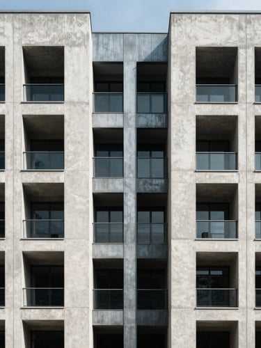 Symmetrical architectural elevation, sharp daylight on a modern concrete and steel facade, high-contrast shadows, 35mm lens architectural photography.