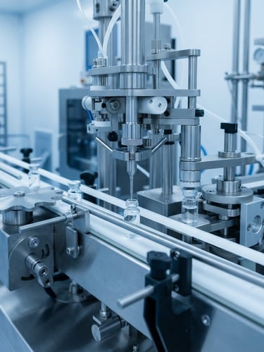 Crisp industrial photography of high-precision laboratory equipment and clean manufacturing lines under sterile white lighting, macro lens, 35mm