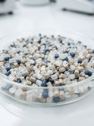 Macro close-up of high-tech polymer pellets in a sterile white petri dish, crisp industrial photography, bright high-key laboratory lighting, 35mm