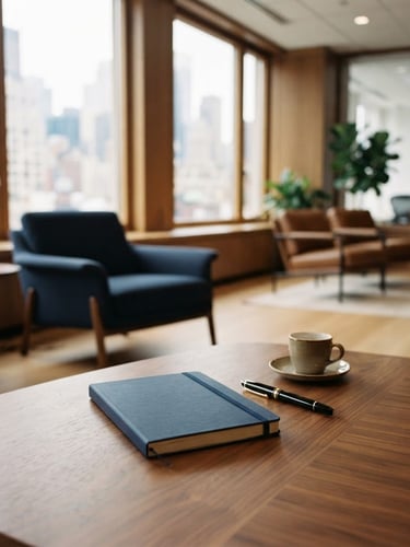 Architectural interior of a modern, well-lit financial office, soft natural daylight, shallow depth of field, warm earth tones and deep navy, a classic pen and notebook on a polished wood table, nobody in frame, editorial style, 35mm film aesthetic