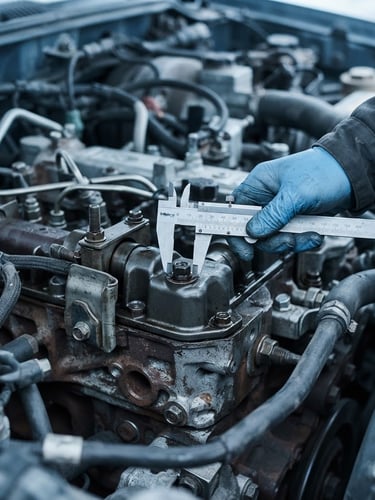 Portrait technical industrial photography of a vehicle engine bay under cool daylight, close-up of mechanical components under inspection with measuring tools, sharp focus, desaturated blue and gray tones, 50mm