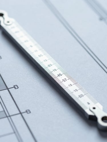 Technical industrial photography, close-up of measuring tools on technical blueprints, cool clean daylight, desaturated blue and gray tones, sharp focus, 50mm