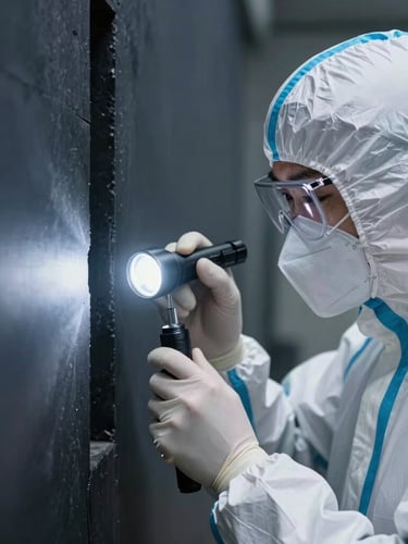 Tight macro shot of a technician in a crisp white protective suit using a bright flashlight to inspect a dark structural wall gap, sterile lighting