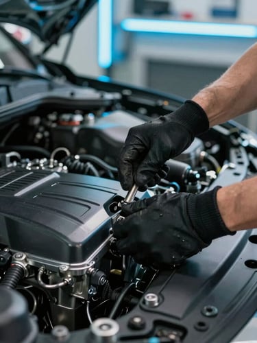 Close-up of a mechanic's hands in black protective gloves carefully inspecting a modern car engine, crisp daylight reflecting off metallic components, cool workshop neon, professional automotive photography