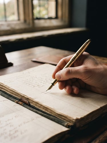 A close-up of a hand holding a gold fountain pen over a heavy linen ledger, soft natural window light casting deep shadows, warm charcoal tones, 35mm