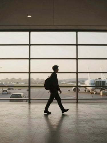 A blurred silhouette of a traveler in a quiet, minimalist airport terminal, soft natural directional light, warm charcoal tones, 35mm