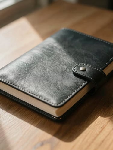 Macro photograph of a hand-bound leather ledger resting on a heavy oak table, soft natural window light casting deep shadows, warm charcoal tones, 35mm