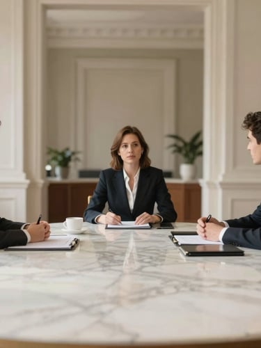 Discreet professional meeting in a sophisticated boardroom, soft daylight illuminating a marble table, blurred architectural background