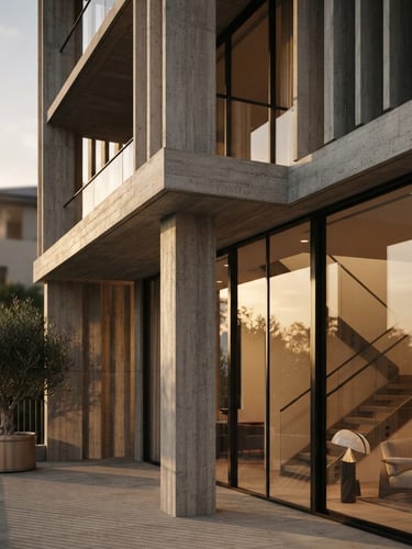 Elegant contemporary concrete and glass architectural facade, soft sunset daylight casting long shadows, sophisticated neutral tones, shallow depth of field