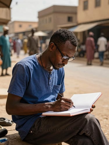 Un journaliste sénégalais écrivant sur un carnet de notes dans les rues ensoleillées de la Médina à Dakar, lumière dorée du matin, style documentaire 35mm