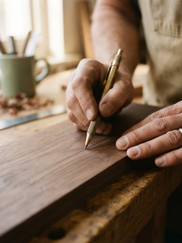 A tight macro shot of hands marking a walnut timber plank with a brass pencil under soft natural window light, shallow depth of field, warm editorial photography style.