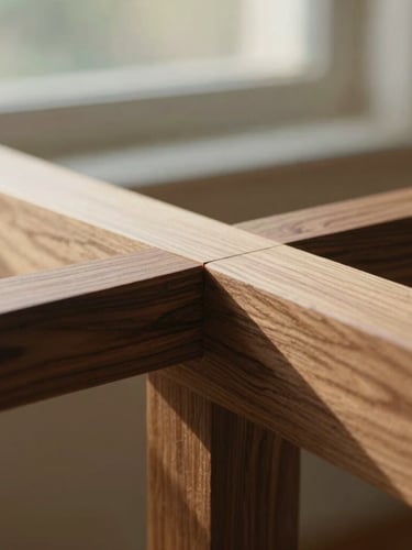 Close-up of a hand-planed walnut joint fitting perfectly together, soft afternoon sun highlighting the natural wood grain, warm editorial style.
