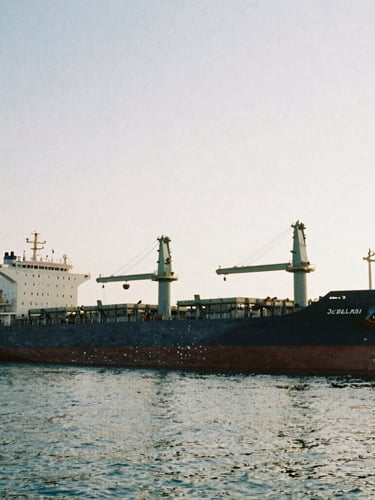 Wide-angle documentary film photography of a massive cargo vessel docked at Jebel Ali port in Dubai, natural harsh midday sunlight casting deep shadows, towering green cranes, authentic grain, high contrast.