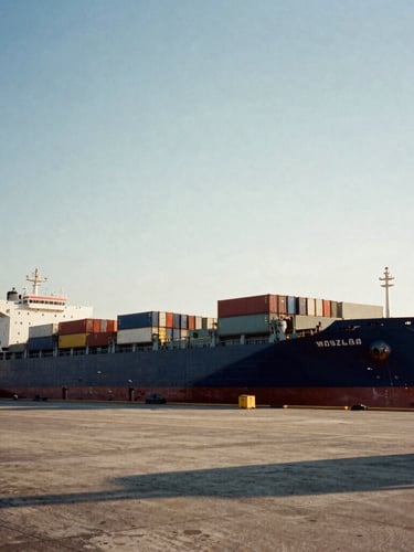 Wide-angle documentary film photography of a massive cargo vessel docked at a modern container port, harsh morning sunlight casting deep shadows, high contrast, earthy tones.