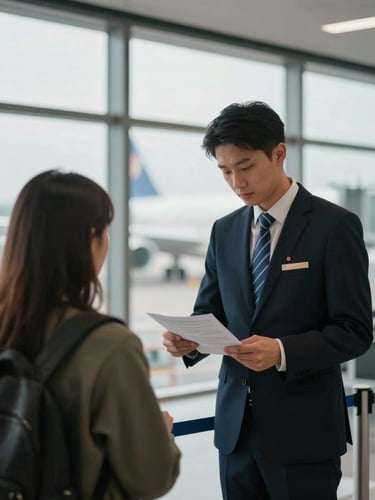 Medium shot, airport gate corridor from a traveler's eye level, a support agent standing beside a passenger reviewing documents together, soft even daylight from large terminal windows, calm and purposeful atmosphere