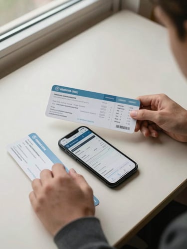 Overhead medium shot of a traveler's hands arranging printed boarding passes and a smartphone showing a flight booking screen on a cream desk, soft even daylight from a nearby window, documents slightly overlapping