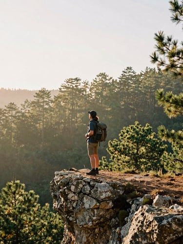 Wide environmental portrait of a travel writer with a backpack standing on a cliff edge overlooking a misty pine forest in northern Spain, golden hour light, 35mm film grain